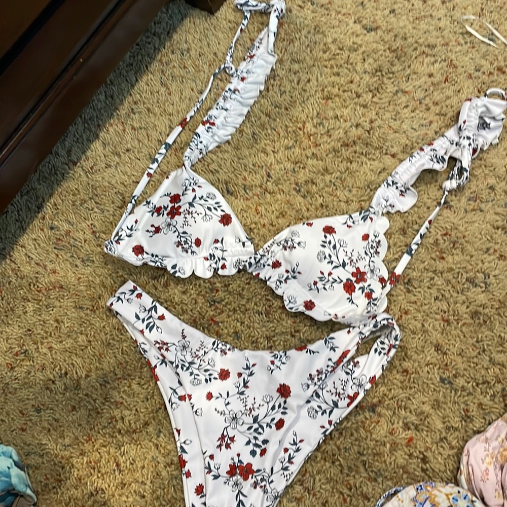 High waisted white floral print zaful bikini